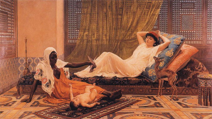 Otomana, czyli późniejsza sofa na obrazie Fredericka Goodalla „Nowe światło w haremie”