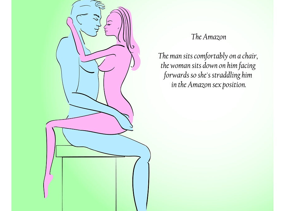 Pozycja Amazonka To jedna z odmian pozycji „na jeźdźca”. Mężczyzna siada na krześle, a kobieta siada okrakiem na mężczyźnie, twarzą do niego i zaczyna się poruszać. W tej pozycji to kobieta ma pełną kontrolę nad aktem seksualnym.
