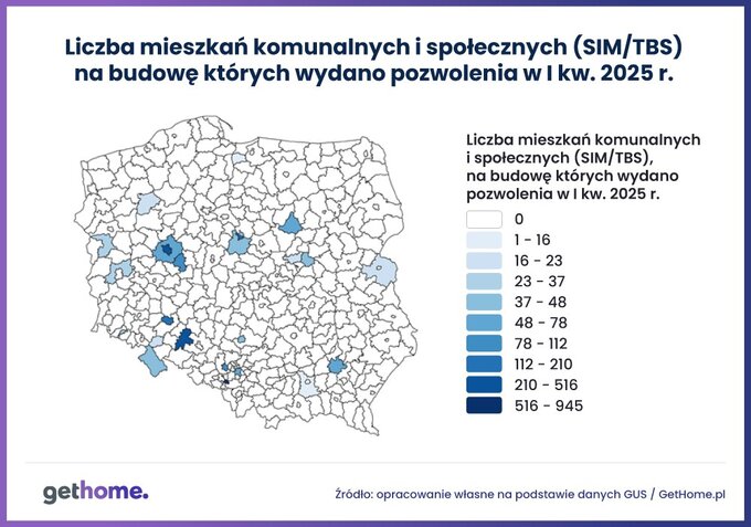 Liczba mieszkań komunalnych i społecznych na budowę których wydano pozwolenia w I kw. 2025