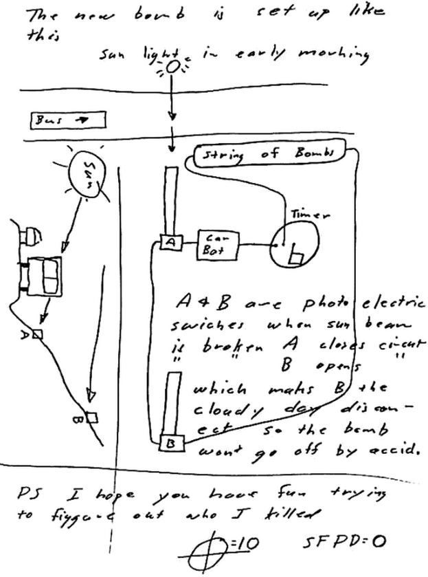 Schemat bomby, który Zodiak wysłał do San Francisco Chronicle 20 kwietnia 1970 roku 