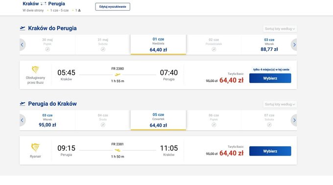 Cheap flights Krakow-Perugia