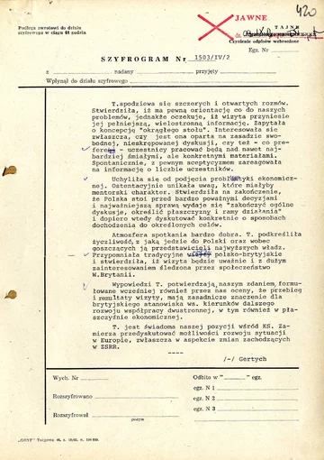 Szyfrogram ambasadora PRL w Londynie Zbigniewa Gertycha o rozmowie z premier Thatcher w sprawie planowanej wizyty, 27 października 1988 r., strona 2 (AMSZ).