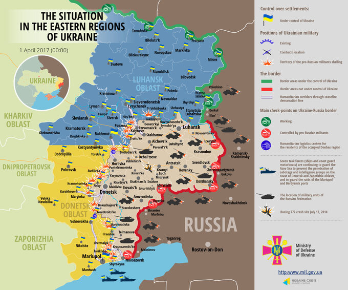 Mapa wschodniej Ukrainy z zaznaczeniem punktów zapalnych w dniu 1 kwietnia