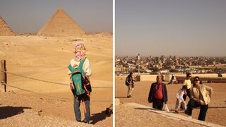 Turyści przed Piramidami w&nbsp;Gizie