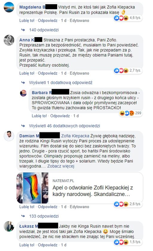 Screen z komentarzami pod wpisem Zofii Klepackiej na Facebooku 