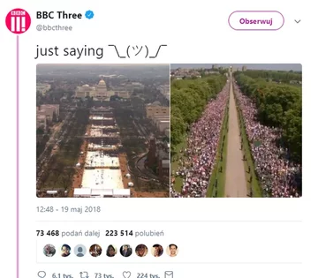 "Tak tylko mówimy" BBC Three porównuje tłum na inauguracji prezydenta Donalda Trumpa i royal wedding. Monarchia górą?