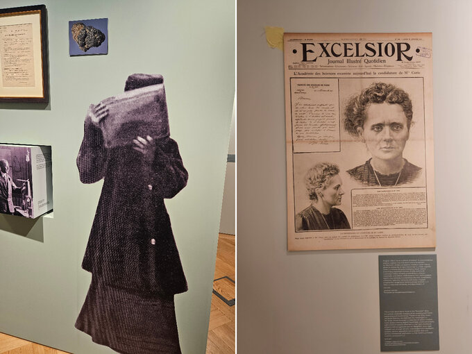Skłodowska-Curie zasłania się przed papazzi, po prawej karykatura w „Excelsior”