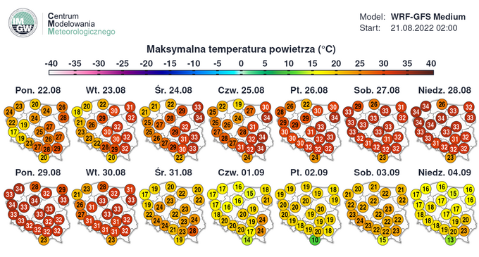 Prognoza temperatury makzymalnej na najbliższe 14 dni