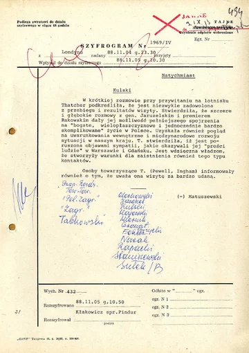 Szyfrogram z Ambasady PRL w Londynie &#8211; powrót premier Thatcher do Wielkiej Brytanii, 4 listopada 1988 r. (AMSZ).