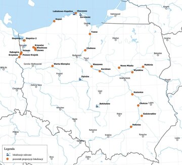 Mapa z&nbsp;potencjalnymi miejscami lokalizacji elektrowni jądrowej w&nbsp;Polsce, zamieszczono ją w&nbsp;dokumencie PPEJ autorstwa MKiŚ