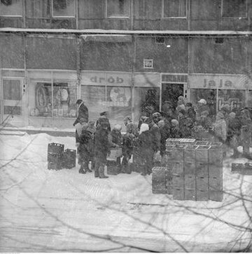 Kolejka przed sklepem spożywczym przy ul. Malczewskiego w&nbsp;Warszawie, rok 1979