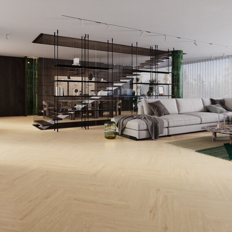 Panele winylowe Senti Floors Dąb Felice w&nbsp;eleganckim układzie jodełki (HB) tworzą jasną, harmonijną bazę wnętrza, podkreślając jego nowoczesny i&nbsp;przytulny charakter