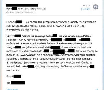 Wiadomości przesłane przez hejtera Piotra P. do&nbsp;polityk&oacute;w Nowoczesnej