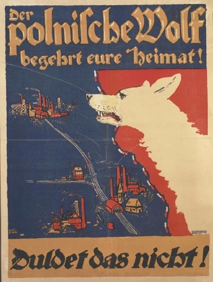 Niemiecki plakat propagandowy z okresu powstania – „Polski wilk pragnie waszej ojczyzny”