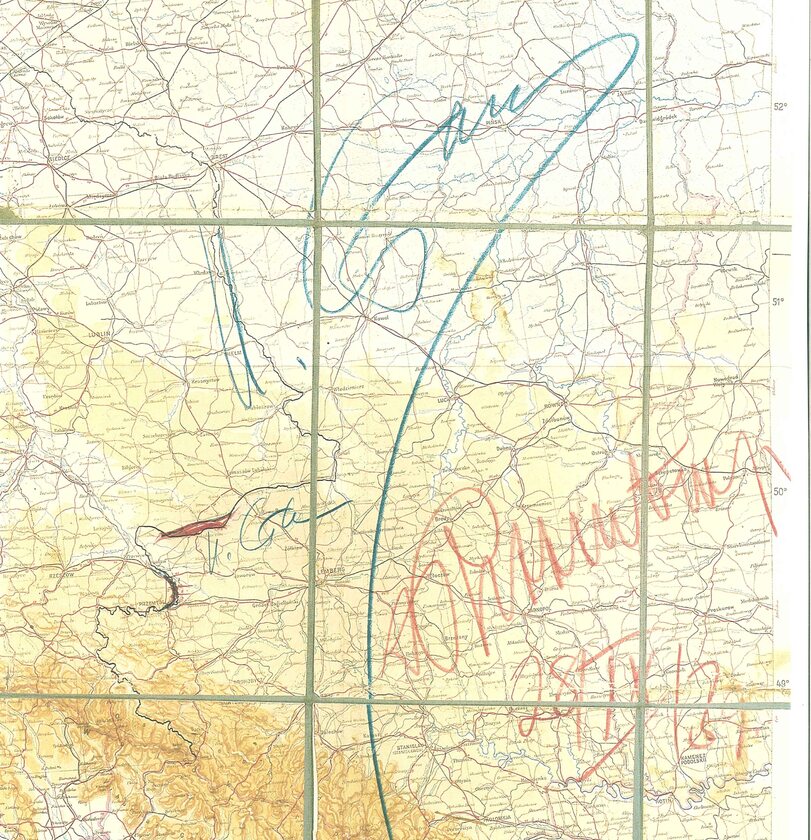 Mapa-załącznik do radziecko-niemieckiego traktatu o granicach i przyjaźni z 28 września 1939 r. z ostatecznym określeniem obszarów Polski zajętych przez ZSRR i Trzecią Rzeszę, niebieski kolor podpis Józefa Stalina, czerwony kolor - podpis Joachima von Rib