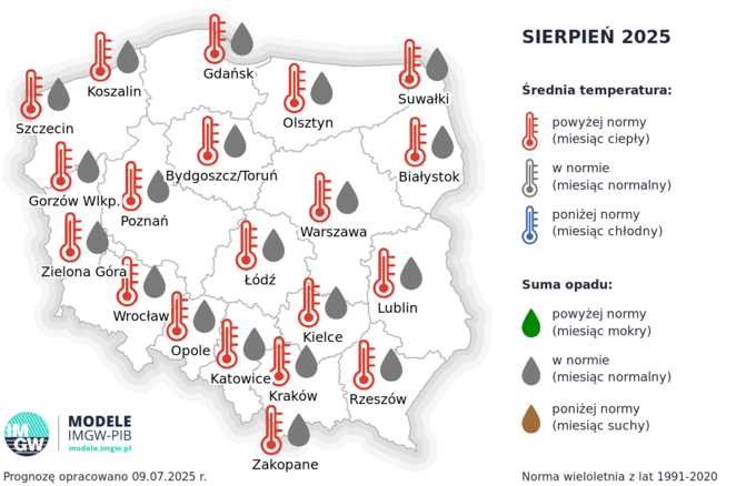 Średnia temperatura i opady w sierpniu 2025