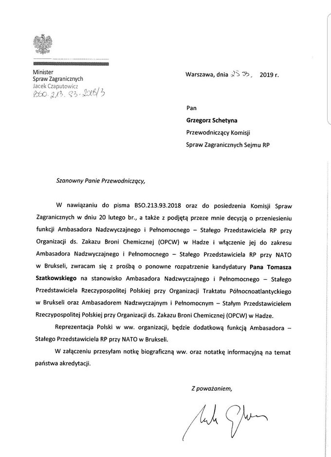 Pismo ministra Jacka Czaputowicza