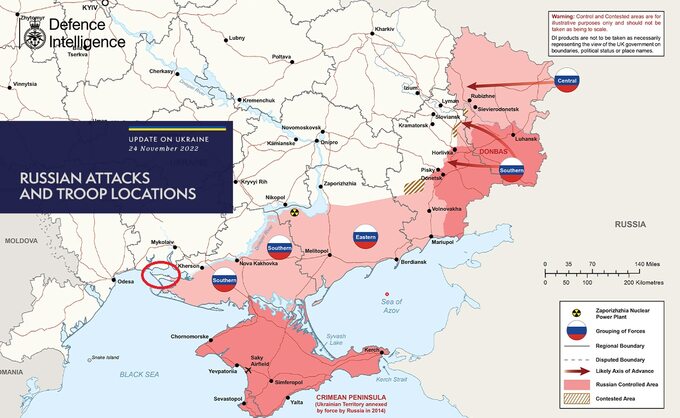 Mapa rosyjsko-ukraińskiego frontu z 24 listopada opublikowana przez brytyjskie Ministerstwo Obrony