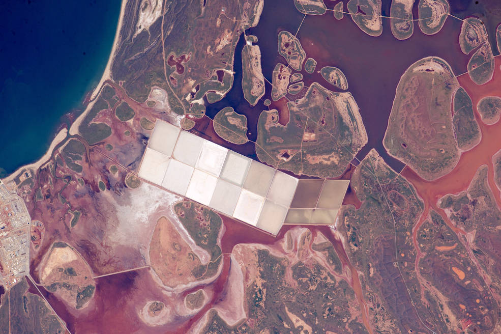 Stawy do produkcji soli na wybrzeżu Australii (fot. NASA)