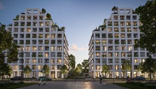 Wizualizacja inwestycji MURANO w&nbsp;Warszawie &ndash; projekt PROFBUD przy ul. Anielewicza, w&nbsp;sąsiedztwie Ogrodu Krasińskich i&nbsp;Muzeum POLIN, zaprojektowany przez BBGK Architekci