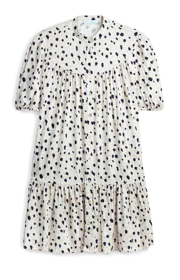 Luźna sukienka mini z bufiastymi rękawami i nadrukiem - 75 zł 