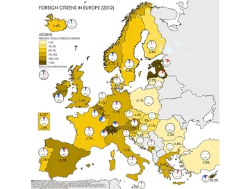 Obcy obywatele w Europie, w podziale na tych z wewnątrz UE (i EOG wraz ze Szwajcarią) oraz spoza. Jako obcego rozumie się osobę, która nie posiada obywatelstwa danego państwa - stąd wysokie wartości Łotwy i Estonii (Rosjanie nie mają tam obywatelstwa tych