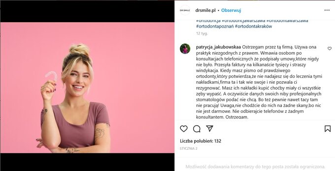 Jedna z opinii na profilu Dr Smile na Instagramie