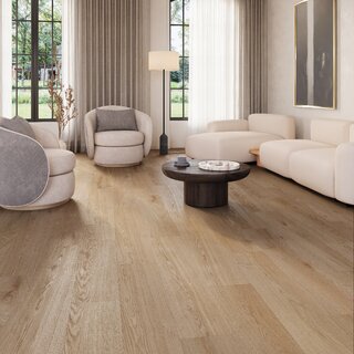 Panele winylowe Senti Floors Dąb Allegra w&nbsp;naturalnym odcieniu drewna ocieplają przestrzeń i&nbsp;podkreślają spokojny, harmonijny charakter jasnego salonu