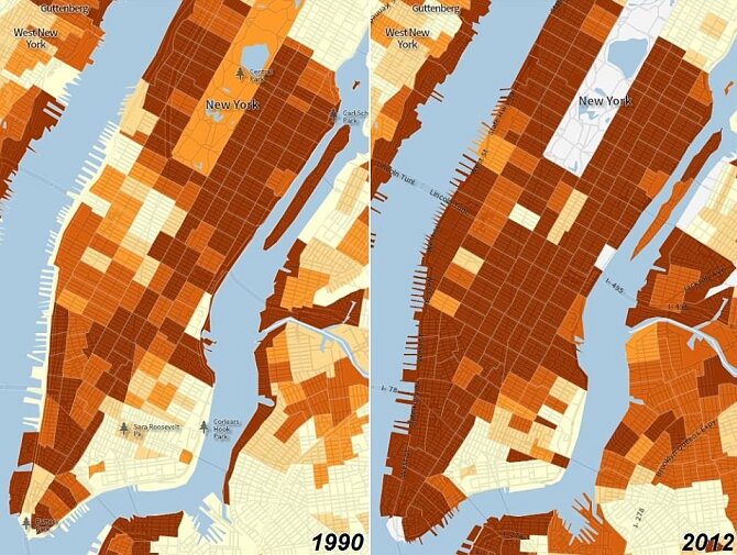 Gentryfikacja Manhattanu - im ciemniejszy kolor tym zamożniejsi mieszkańcy. W ciągu ostatnich 20 lat wyspa stała się praktycznie niedostępna dla klasy średniej. Wysokie czynsze spowodowały, że Manhattan jest obecnie bogatą, białą enklawą.