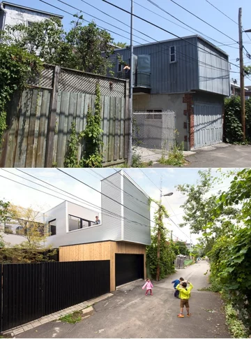 Przebudowa starego domu. Widok od podwórka – przed i po renowacji v2com, 1113-03 , czerwone schody, bliźniak, la Shed