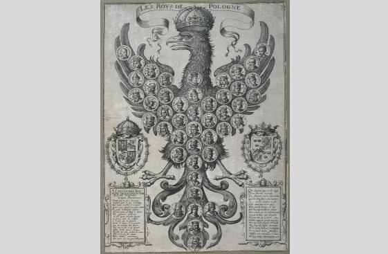 Matthäus Merian, wg ryciny Tomasza Tretera, Orzeł z pocztem królów polskich w medalionach, ok. 1625, miedzioryt, MNW