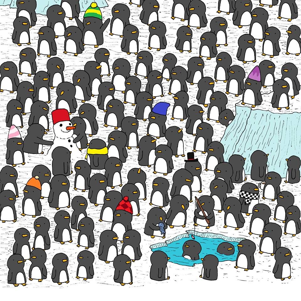 Wśród pingwinów ukryty został kubek czekolady. Gdzie? 