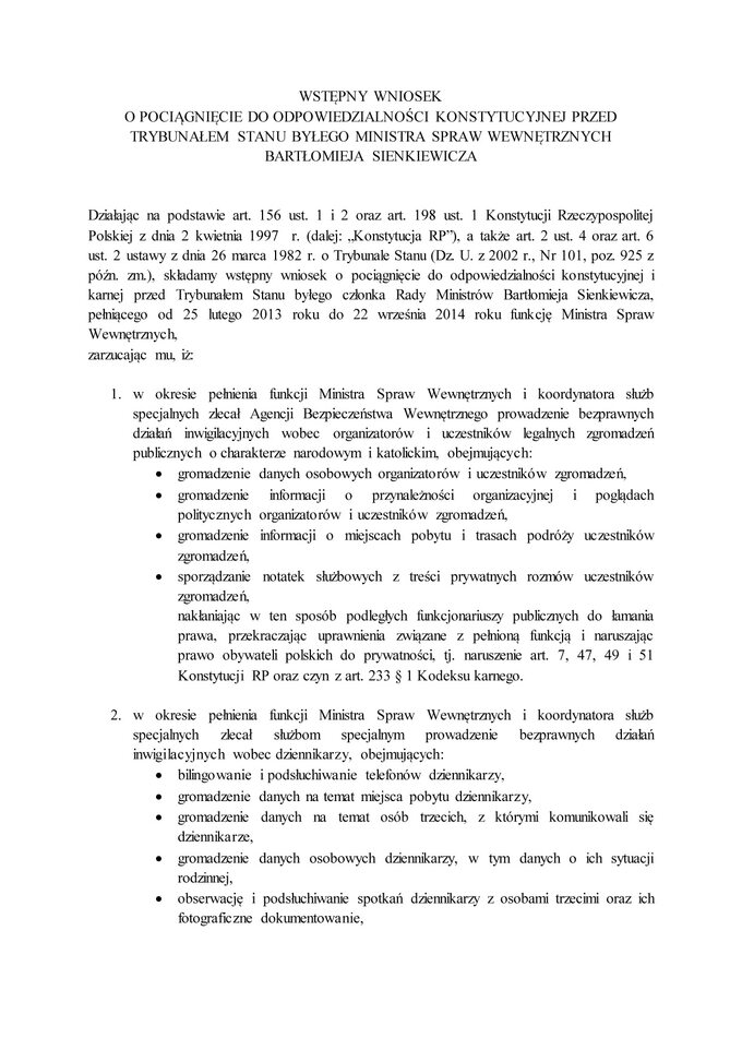 Wstępny wniosek o postawienie Bartłomieja Sienkiewicza przed Trybunałem Stanu