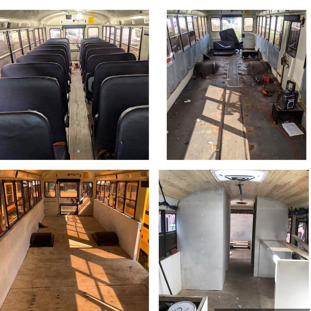 Autobus szkolny przerobiony przez  Lucy Stevens i Glena Carlossa 