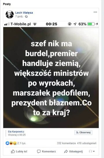 Post udostępniony na&nbsp;Facebooku Lecha Wałęsy