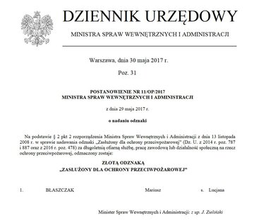 Postanowienie o&nbsp;odznaczeniu Mariusza Błaszczaka