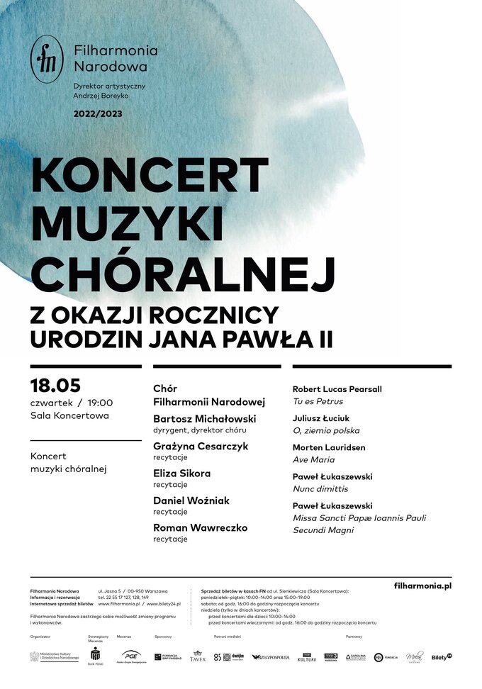 Koncert chóralny w Filharmonii Narodowej w rocznicę urodzin Jana Pawła II – plakat