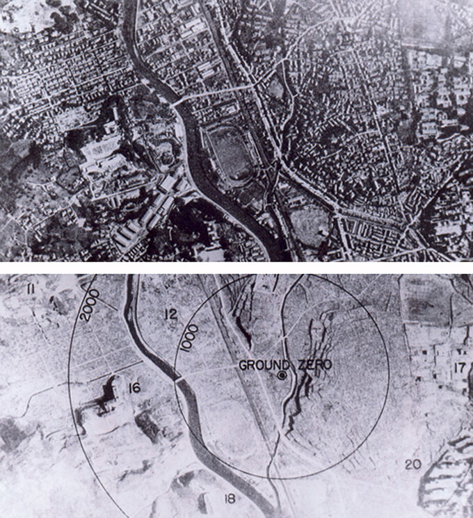 Skutki wybuchu bomby atomowej. Nagasaki tuż przed i po detonacji. Odległości od epicentrum podane w stopach