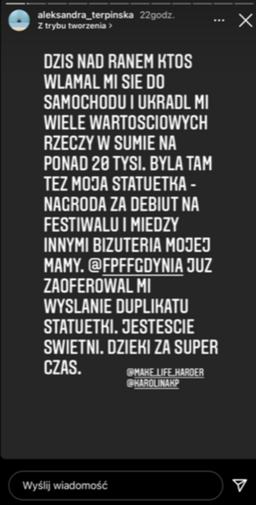 Instastory Aleksandry Terpińskiej