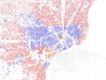 Detroit, czyli krzyżówka Łodzi z Bytomiem. W latach &#8216;60 biała klasa średnia wyniosła się na przedmieścia, zaś czarna biedota pozostała w mieście. Czerwona wyspa pomiędzy niebieskim to Hamtramck &#8211; dawna polska enklawa