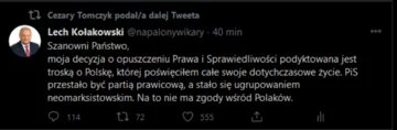 Szef Klubu Parlamentarnego KO Cezary Tomczyk udostępnił fałszywy wpis Lecha Kołakowskiego 