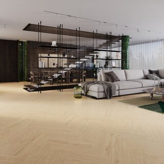 Panele winylowe Senti Floors Dąb Felice w&nbsp;eleganckim układzie jodełki (HB) tworzą jasną, harmonijną bazę wnętrza, podkreślając jego nowoczesny i&nbsp;przytulny charakter