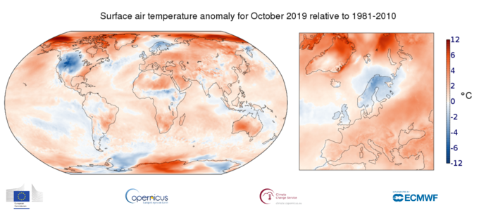 Średni wzrost temperatur w październiku 2019 r.