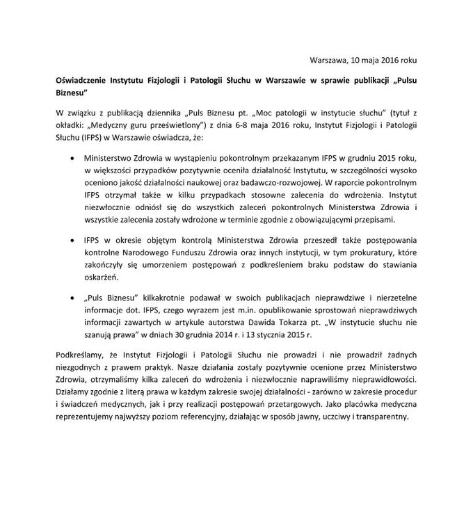 Oświadczenie Instytutu Słuchu