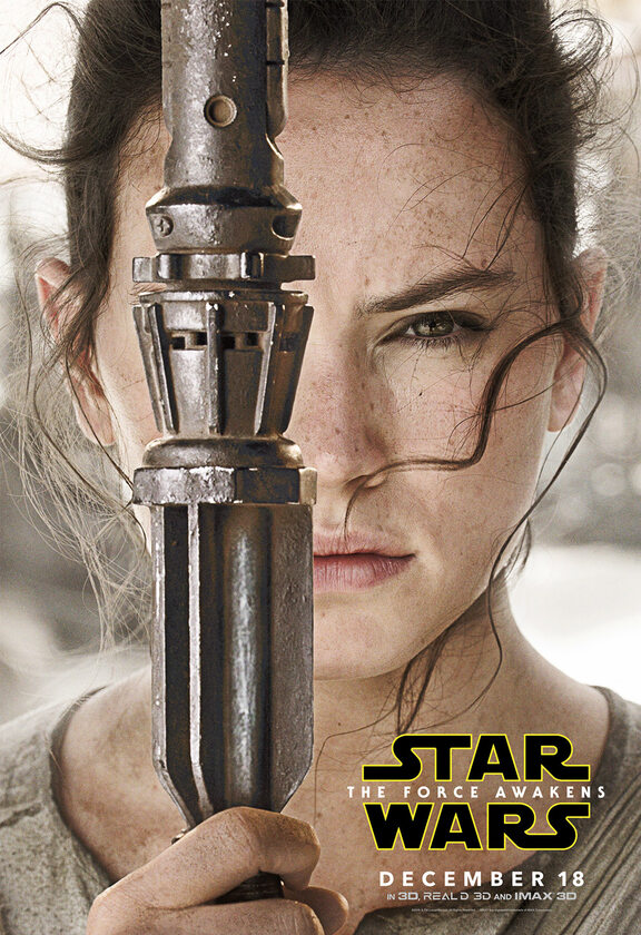 Daisy Ridley jako Rey. Gwiezdne Wojny: Przebudzenie Mocy. Plakat z wizerunkiem postaci.