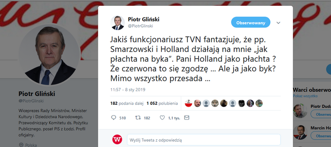 Wpis Piotra Glińskiego na Twitterze