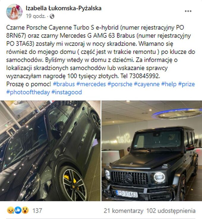 Izabella Łukomska-Pyżalska o kradzieży samochodów