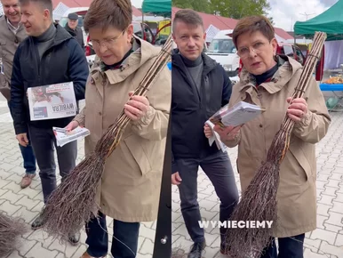 Miniatura: Beata Szydło z miotłą na targu. Rekwizyt...