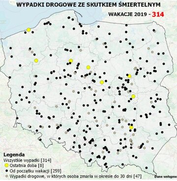 Mapa wypadk&oacute;w ze&nbsp;skutkiem śmiertelnym (29/07/2019)
