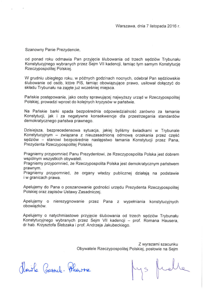 List Kamili Gasiuk-Pihowicz i Borysa Budki do prezydenta